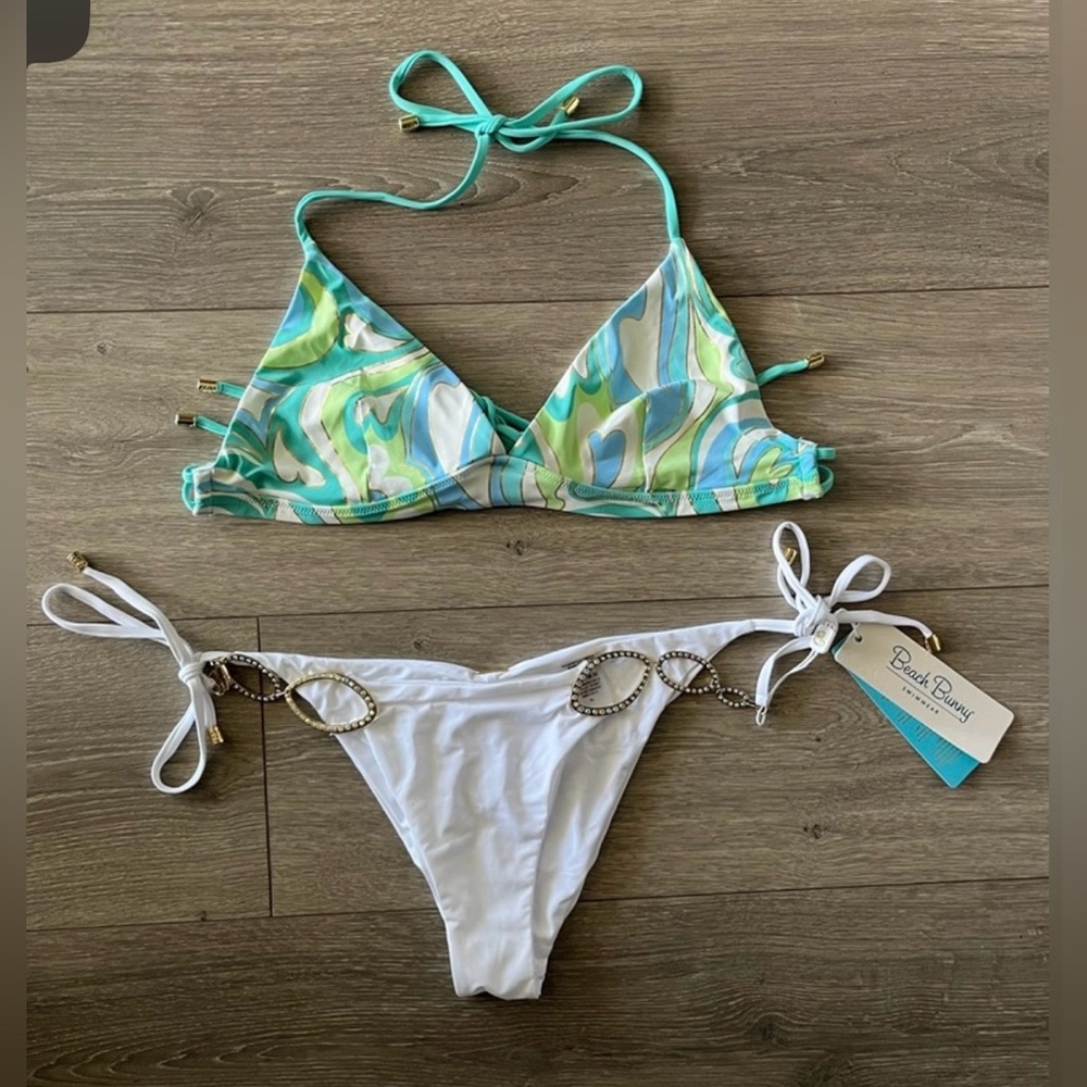 NWT Beach Bunny Blue/Green/White Triangle Top Bikini Size XL